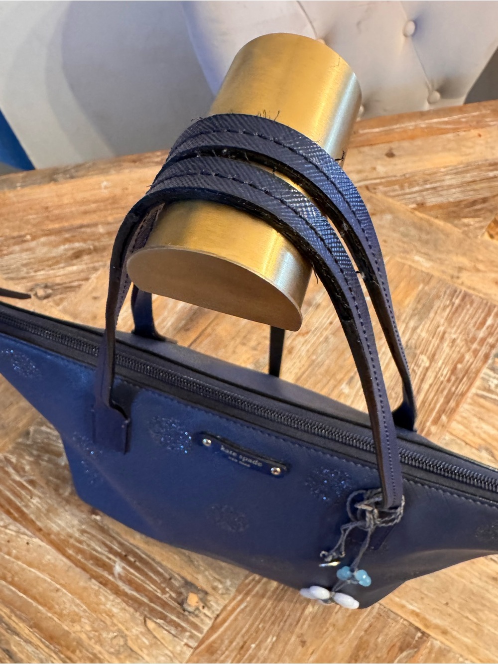 kate spade navy glitter polka dot tote with floral charm - Picture 3 of 16